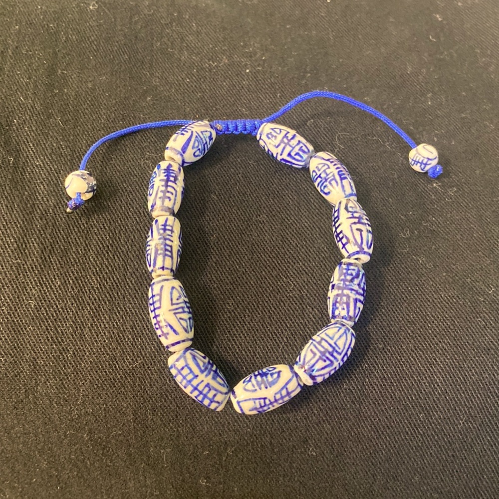 Blue & White Ceramic Chinese Porcelain Beaded bracelet on Royal Blue Cord